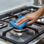 indian gas stove while cleaning with hand and microfiber