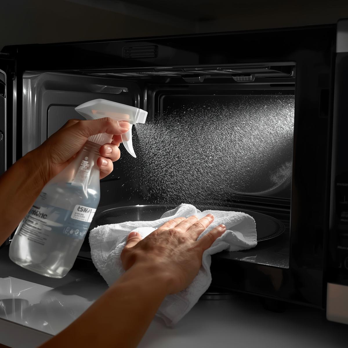 micro oven while cleaning with hand and spary