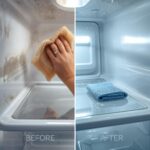 refrigator while cleaning with hand and microfiber with difference between before and after