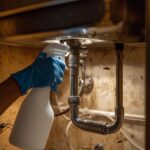 spraying on coackroach under sink in kitchen with pump spray and gloves