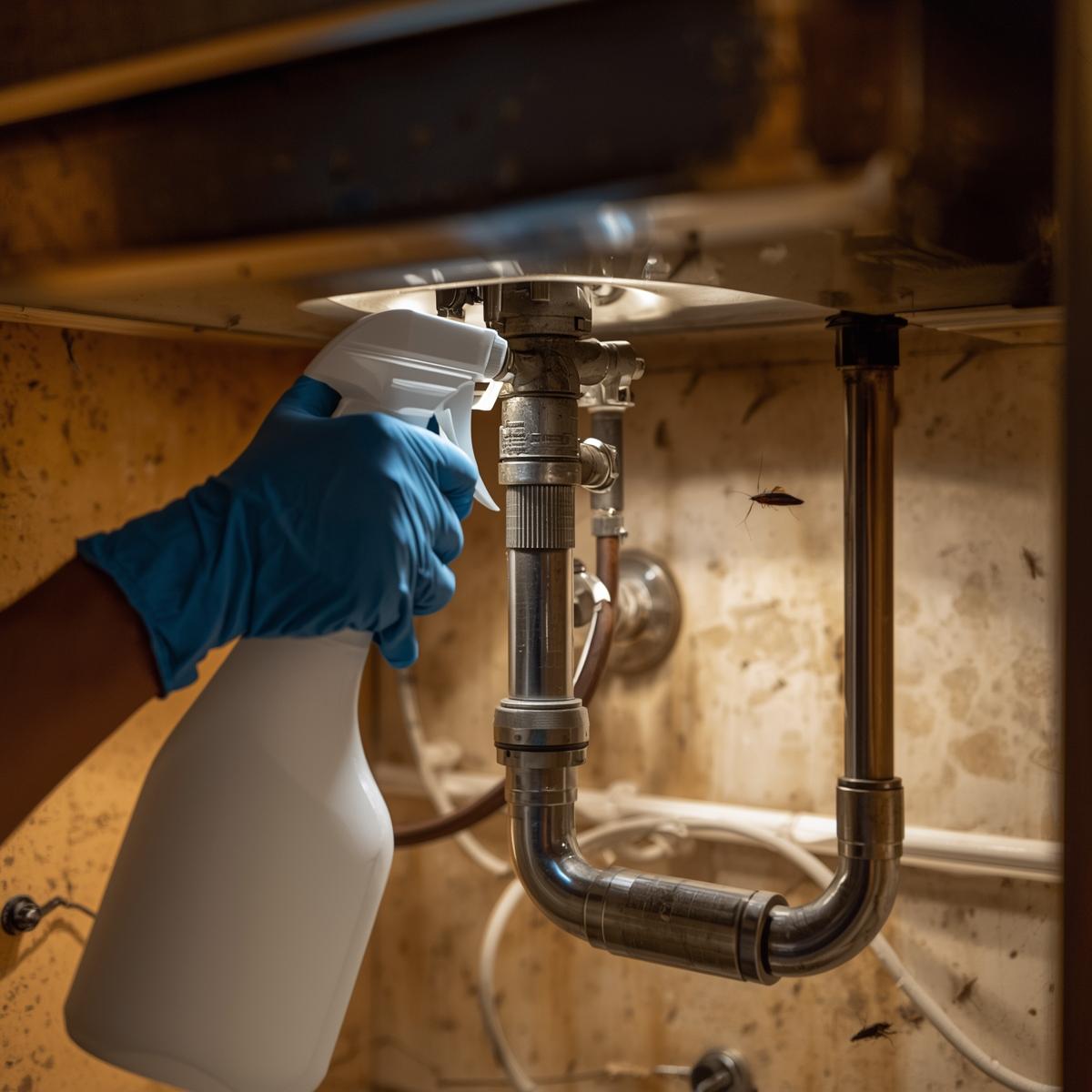 spraying on coackroach under sink in kitchen with pump spray and gloves